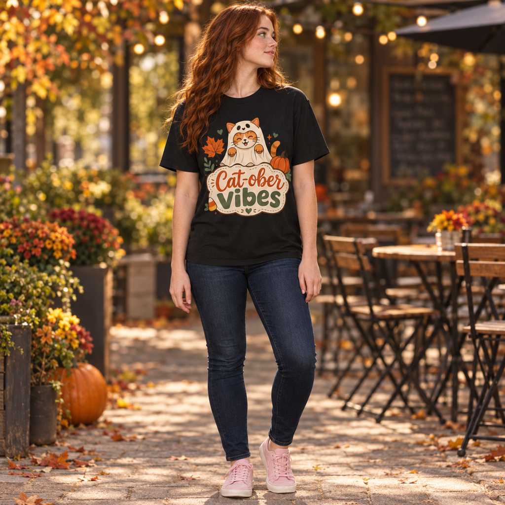 Cat-ober Vibes — Cute Autumn Cat Pumpkin Tee Comfort Colors